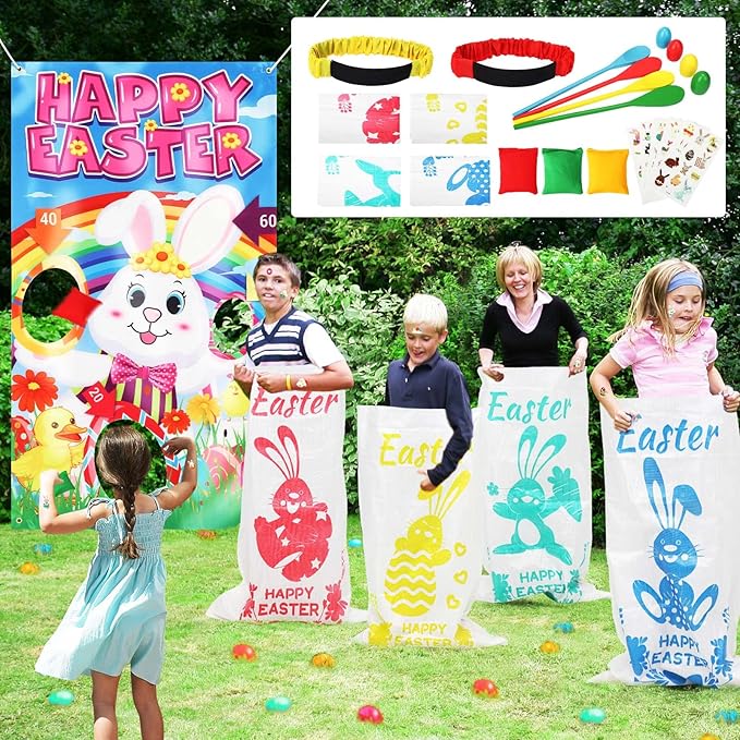 23 Packs Easter Outdoor Party Games for Kids Potato Sack Race Jumping Bags with Legged Race Bands, Egg and Spoon Race，Toss Game and Stickers, Outdoor Games for Easter Eggs Hunt,Easter Party Supplies