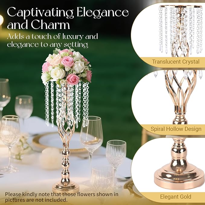 10 Pcs 21.6 Inch Crystal Flower Stand Gold Wedding Centerpieces Gold Flower Stand Vases Centerpiece Decorations for Wedding Party Reception Birthday Party Decor (L-21.6inch)
