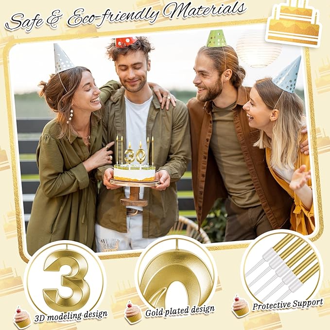 Mtlee Gold 30th Birthday Candles Set for Cakes Including Thin Metallic and Number Birthday Candles for Anniversary Celebration Party Topper Decorations Men Women