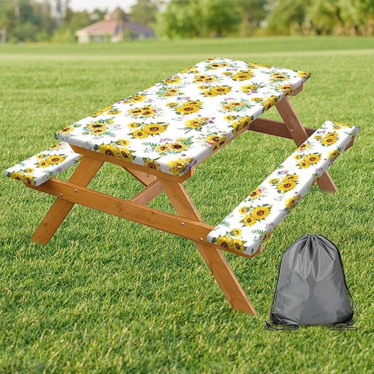 Sunflower Picnic Table Cover with Bench Covers, Summer Farmhouse Outdoor Table Covers with Elastic Camping Tablecloth for Party Essentials, Vintage Floral Rectangular Picnic Tablecloth Cover