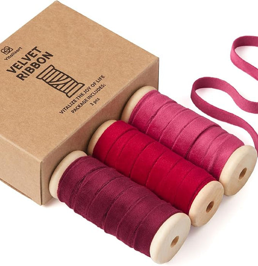 Vitalizart Red Velvet Ribbon Set 3/8" x 15 Yd Burgundy Fabric Trim 3 Rolls * 5 Yd for Christmas Wreath Decoration Handmade Craft Ornaments Gift Wrapping & Bow Making