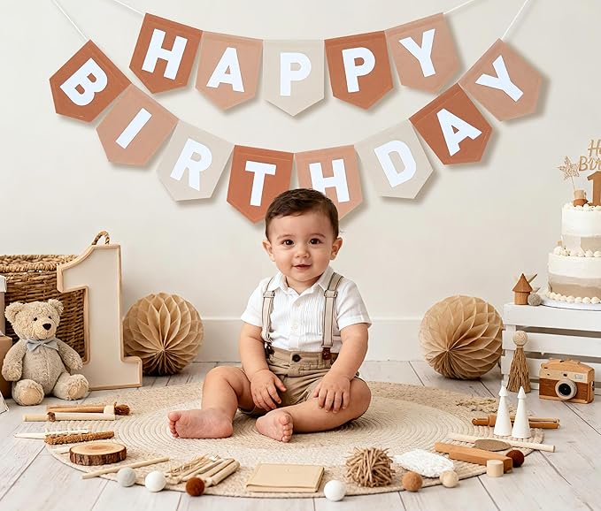 Felt Brown Happy Birthday Banner Birthday Decorations for Women Girls Boys Men Pets Handmade Party Backdrop