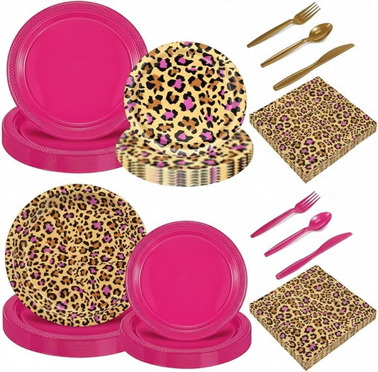 Uiifan 144 Pcs Pink Cheetah Print Party Decorations Supplie Set - Disposable Leopard Tableware Set for 24 Guests with Plate Plastic Spoons Forks Knives Napkins, Jungle Animal Birthday Cheetah Theme