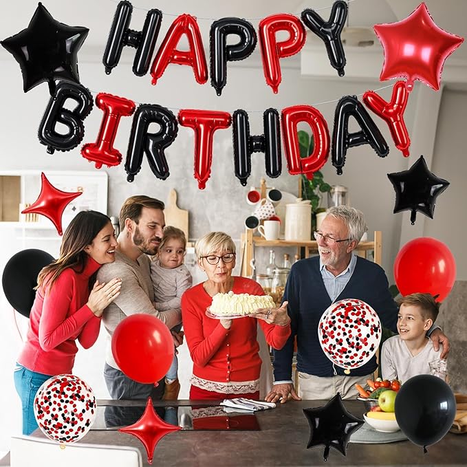 Happy Birthday Balloon Banner Red and Black, 16 Inch Mylar Foil Letter Balloons, Reusable Birthday Decorations with Black Red Balloons, Inflatable Party Supplies for Men Women Boys Girls Decoration