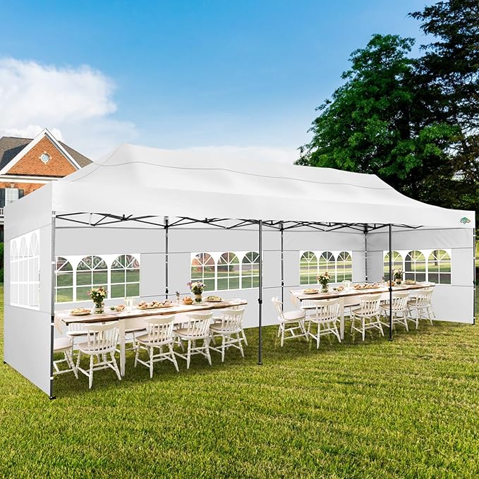COBIZI 10x30 Heavy Duty Pop up Canopy with 8 sidewalls Party Tent for Parties Weddings Events UPF 50+ Waterproof Commercial Gazebo with Roller Bag, White(Frame Thickened)