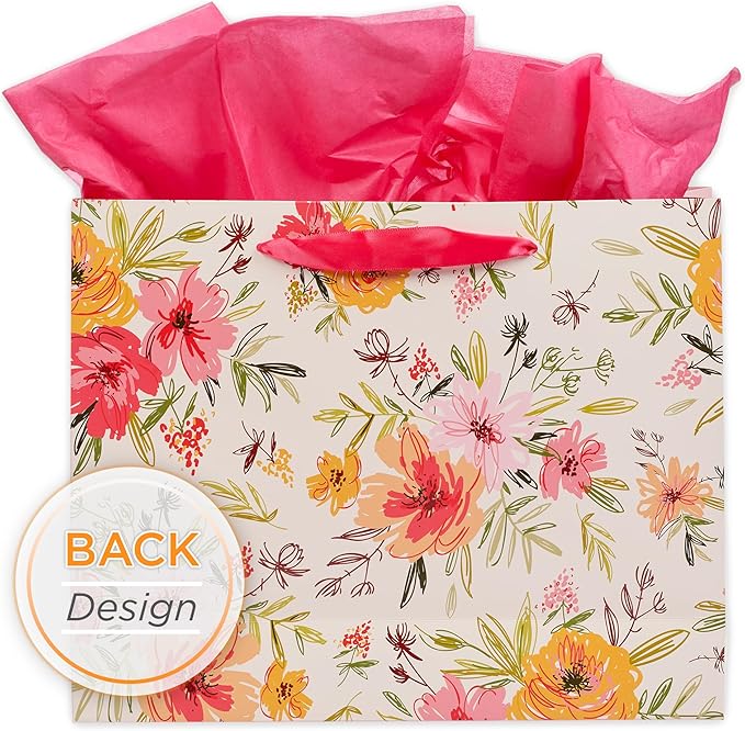 Christian Art Gifts Three Piece Landscape Gift Bag w/Card & Tissue Paper Set for Mothers - Best Mom Ever & The Lord Delights in You - Isaiah 62:4, White, Orange & Pink Multi-Floral Arrangement, Large