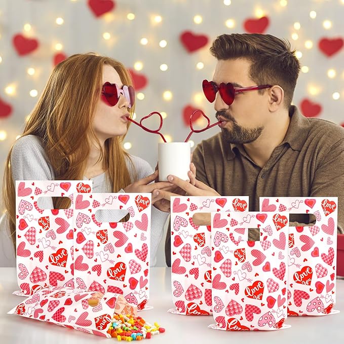 Hxezoc 50 Pieces Valentines Day Gift Bags with Handle, Plastic Treat Candy Bag Heart Goodie Treat Bags for Valentine's Day Anniversary, Baby Showers Birthday Party Supplies