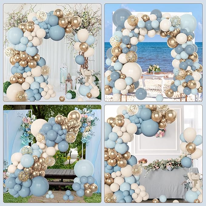 Amandir 153pcs Dusty Blue Balloon Garland Arch Kit, Different Sizes 18 12 10 5 inch Blue White Sand Latex Metallic Confetti Gold Balloons Baptism Birthday Boho Baby Shower Party Decoration Supplies