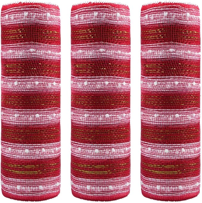 3 Rolls Snowball Red White Deco Mesh Ribbon for Wreath Making Supplies, 10 Inch x 30FT Metallic Foil Burlap Deco Mesh Fabric for DIY Crafts Christmas Tree New Year Wreath Swags and Decorating