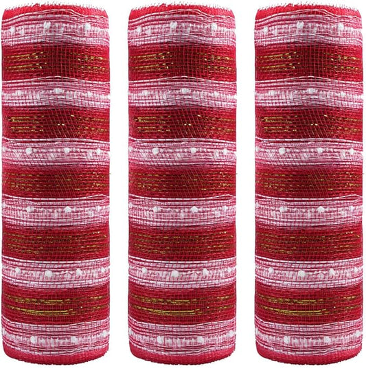 3 Rolls Snowball Red White Deco Mesh Ribbon for Wreath Making Supplies, 10 Inch x 30FT Metallic Foil Burlap Deco Mesh Fabric for DIY Crafts Christmas Tree New Year Wreath Swags and Decorating