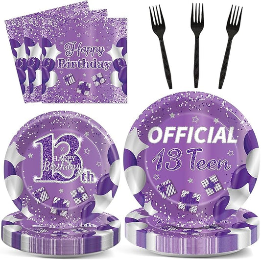 Qyeahkj 100 Pcs Purple Official Teen Birthday Decor 13th Birthday Plates Napkins Forks Set Disposable Official 13th Tableware Teenager Paper Plates Dinnerware Decorations Serve 25