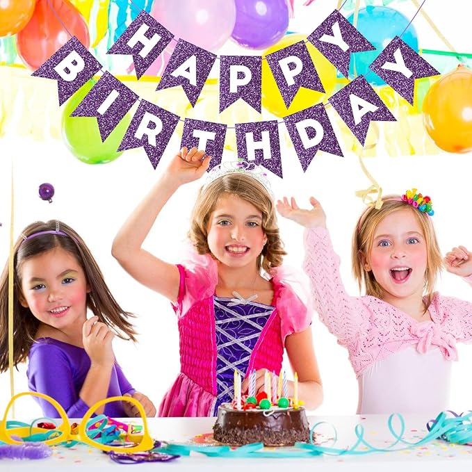Hooqict Purple Happy Birthday Banner Garland Sign for Backdrop Women Girls Purple Birthday Party Decorations Supplies Wall Door Party Banner