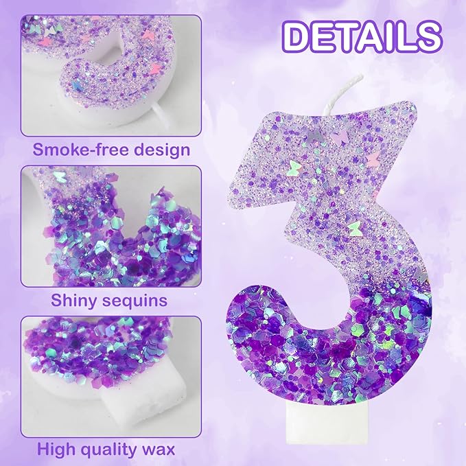 Purple Sequin Birthday Candles, Cake Number Candles, Girls 0th Birthday Decorations, Suitable for Birthday Parties, Anniversary Party Decorations(3)