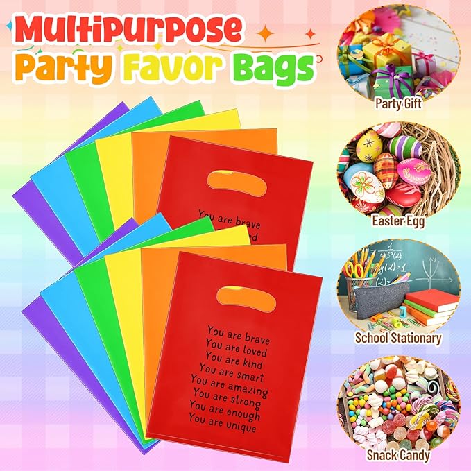 Coume 100 Sets End of Year Gifts Bags for Students 6 Colors Inspiration Quotes Plastic Party Favors Treat Bags with Handles Birthday Party Favors, 6" x 8"