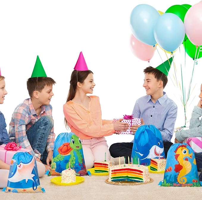 Woanger 12 Packs Ocean Party Supplies Favor Drawstring Bags Colorful Fish Backpack Bag Cartoon Sea Animal Birthday Goodie Bags String Pouch for Kids Ocean Themed Birthday Party Baby Shower Supplies