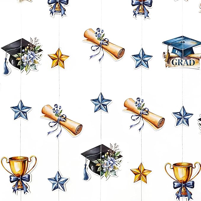Blue Gold Graduation Party Hanging Streamer Floral Navy Gold Star Grad Cap Garland Banner for Congrats Grad You Did It Class of 2026 We are So Proud of You Themed Graduation Party Decorations Supplies