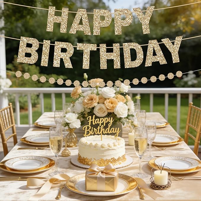 Happy Birthday Banner Pre-Strung Birthday Party Decorations NO DIY Glitter Happy Birthday Sign Circle Dots Garland Birthday Hanging Decorations for Women Men Birthday Party Supplies (Gold)