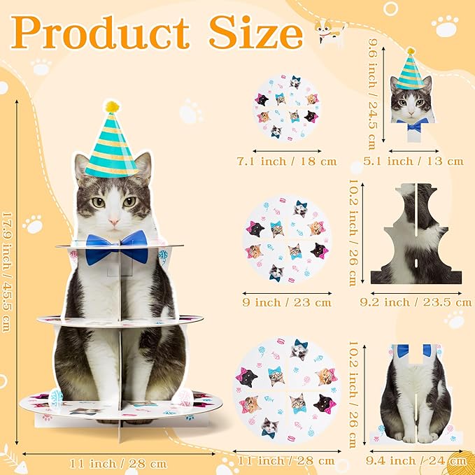 Haooryx Cute Cat Cupcake Stand - 3 Tier American Shorthair Cat Cupcake Tower Cardboard Dessert Holder Cake Stand Serving Tray for Cat Theme Party Table Decor Pet Lovers Kids Birthday Party Supplies