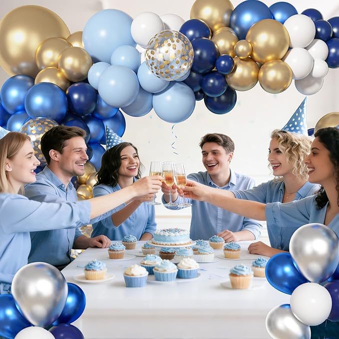 Ouddy Life 156Pcs Blue Silver Balloons Garland Arch Kit, Navy Royal Metallic Light Blue Silver White Confetti Balloon for Birthday Wedding Baby Shower Birdal Graduation Retirement Party Decorations
