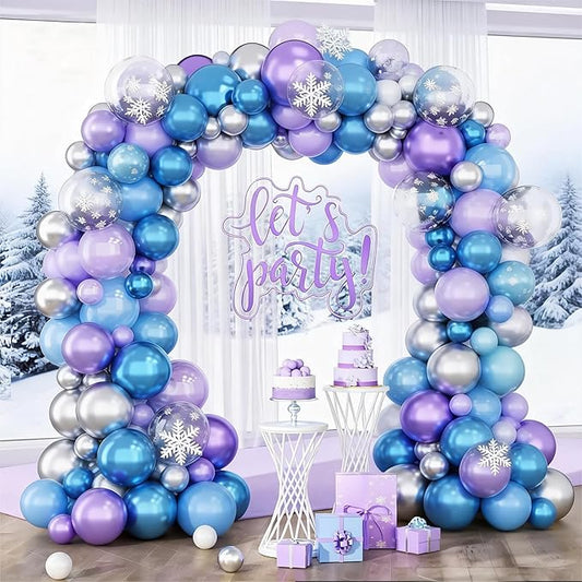 HILAVO Blue Purple Silver Balloon Arch Kit Snowflake Balloons Garland with Winter Balloon for Princess Girl Winter Birthday Baby Shower Party Decorations