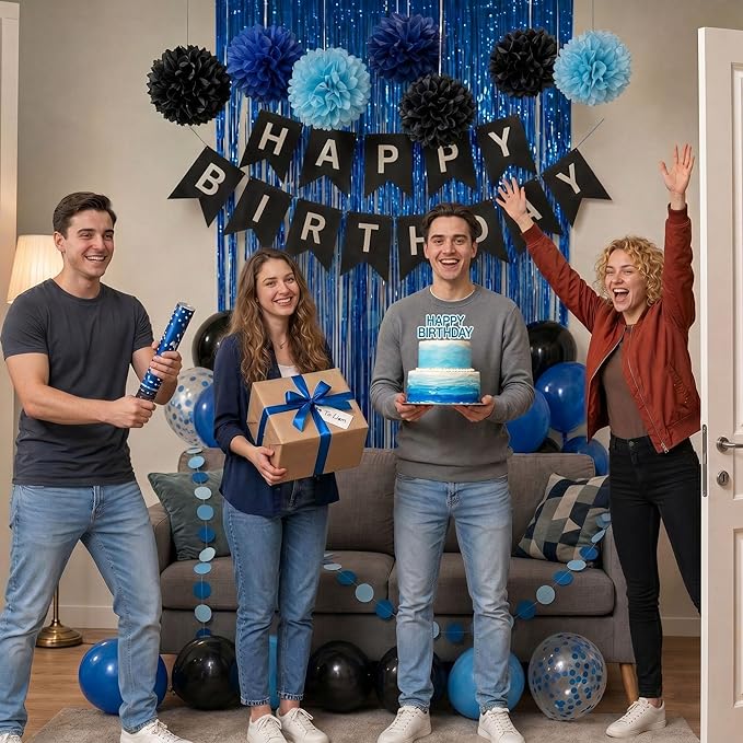 ANSOMO Blue and Black Happy Birthday Party Decorations for Boys Men Banner Balloons Navy Royal Light Blue Pom Poms Foil Curtain Décor Supplies 13th 16th 18th 20th 30th 40th 50th 60th 70th 80th