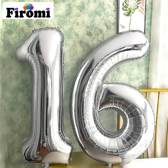 FIROMI 16 Number Balloons Silver Big Giant Jumbo Huge Foil Mylar 16 Balloon Numbers for 16th Birthday Party Anniversary Events Decorations 40-inches