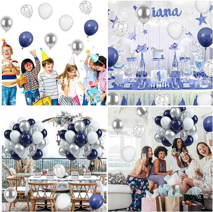 Biapian Navy Blue Silver Balloons, 60PCS Blue Silver White Balloons, 12 Inch Metallic Silver Confetti Balloons Dark Blue and Silver Latex Balloons for Birthday Graduation Bridal Baby Shower Party