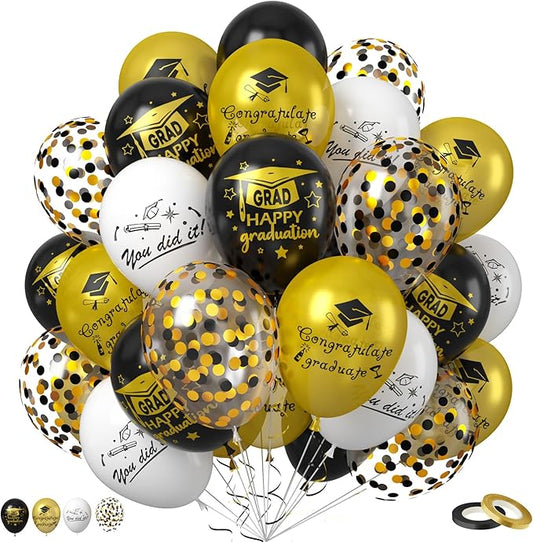 Graduation Balloons, Graduation Party Decoration, 50PCS 12 Inch Black Gold Confetti Graduate Ballons for Grad College High School Class of 2026 Congrats Grad Party Decorations