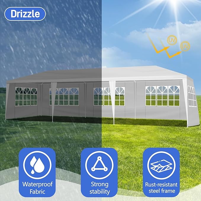 10x30 FT Heavy Duty Party Tent, Outdoor Wedding Canopy Tents with Removable Sidewalls, for Parties, Canopy Event Tent Waterproof Gazebo Shelter for Birthday Parties, Weddings, BBQs & Events (5 Sides)