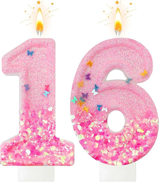 Pink Sequin Birthday Candles, Cake Number Candles, Girls 0th Birthday Decorations, Suitable for Birthday Parties, Anniversary Party Decorations(16)