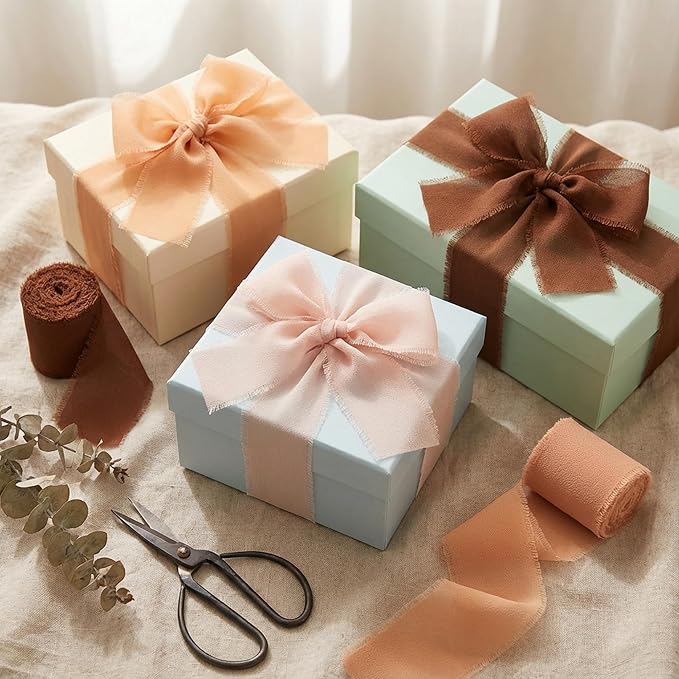 Chiffon Ribbon 3 Pack, 1.5 Inch Frayed Edge Polyester Chiffon Ribbon, 21 Yards Total in Light Pink, Dark Snow Bud and Coffee for Wedding Bouquet Wrapping, Gift Box Decoration and DIY Crafts