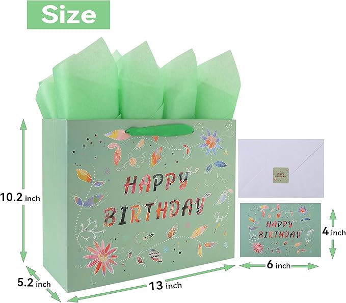 Qirrmiy 13” Large Happy Birthday Gift Bag Set with Handles, Greeting Card, Tissue Papers and Stickers for Women Girls, Green Floral Design, 1 Pcs