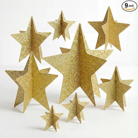 AmazingSpark 9 Pcs Large Star Centerpieces Gold 3D Star Table Decorations in 3 Sizes 10" 8" 6" for Birthday Party Baby Shower Gathering Carnival Ceremony Graduation Movie Night Supplies (Glitter Gold)