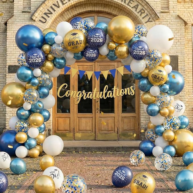 Blue and Gold Graduation Balloons, 60PCS Congrats GRAD Printed Balloon, 12 Inch Navy Blue White Metallic Blue Gold Confetti Latex Party Balloons Helium for Class of 2026 Graduation Party Decorations