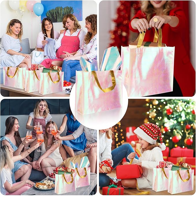 20 Pack Iridescent Gift Bags, Holographic Reusable Iridescent Party Favor Gift Bags With Handles And Tissue Paper, 13 x 5 x 11 Inch Large Size Pink Bridesmaid Tote Bags, For Wedding Birthday Holiday