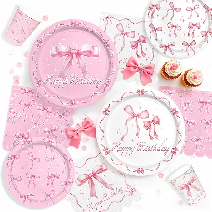Pink Bow Happy Birthday Decorations Set for 16: Bachelorette Party Supplies Kit with Dinner & Dessert Plates and Napkins - for Women's Tea Birthday Party Decorations