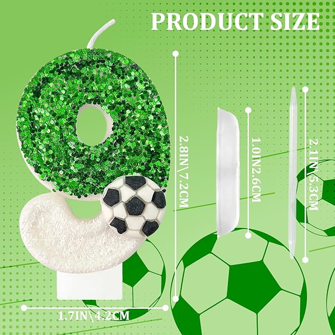 Birthday Candles，Soccer Birthday Decorations，Soccer Cake Topper,for Girl and boy Cake Toppers, Wedding Cakes, Anniversaries, Party Celebrations, Birthday Decorations (Green White, Number 9)