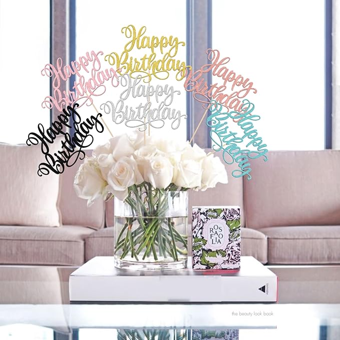 12 PCS Happy Birthday Centerpieces Sticks Double Sided Glitter Birthday Party Decorations Anniversary Table Flower Centerpiece for Celebrating Birthday Party Centerpieces Supplies Multi 6 Colors