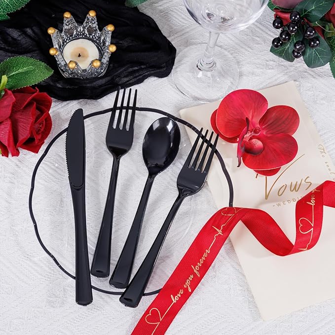 Supernal 300 Pieces Black Plastic Silverware Disposable Cutlery Black Disposable Silverware Heavy Duty Plastic Cutlery Set 100 Forks 100 Knives 100 Spoons for Wedding Party Supplies Everyday Use