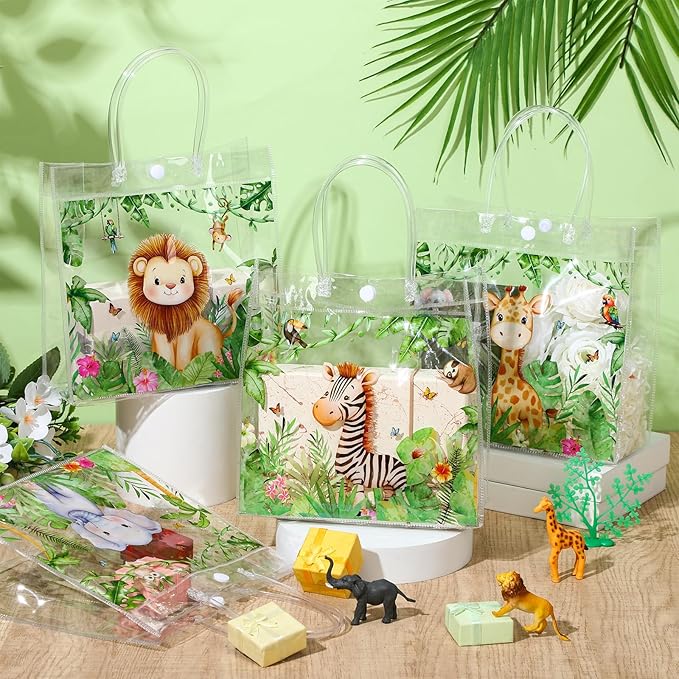 Aliceset 20 Pcs Jungle Safari Animals Party Goodie Bags with Handles Safari Animals Party Candy Bags Wilds Zoo Themed Favors for Birthday Baby Shower Decoration Supplies, 8x8x3.15 Inch