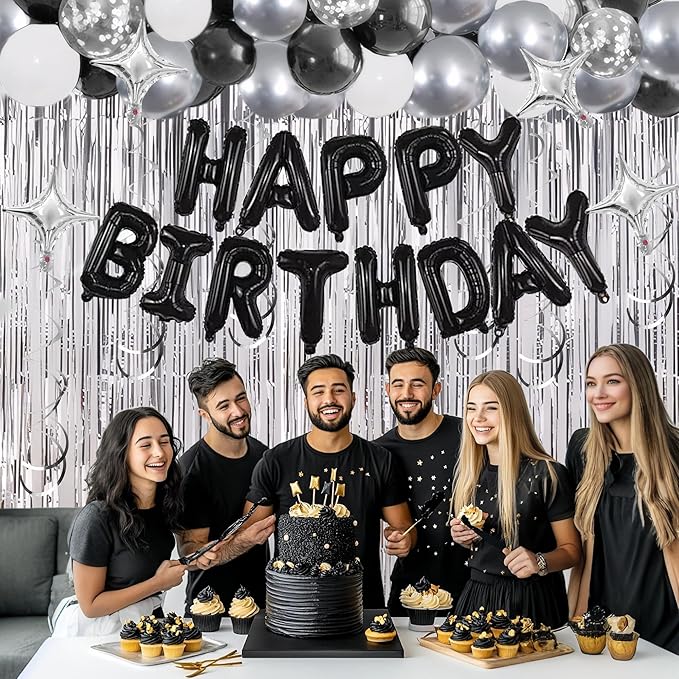 92 PCS Black and Silver Happy Birthday Decorations Balloons Fringe Curtains Vortex for Boys Men Girls Women 16th 18th 20th 21st 25th 30th 40th 50th 60th Birthday Party Decorations (Black Silver)