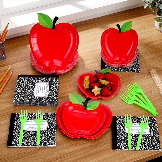 AmazingSpark 122 Pcs Preschool Kindergarten Graduation Party Decorations Apple Paper Plates Napkins Tableware Set for Teacher First Day Back to School Party Pre K Classroom Supplies