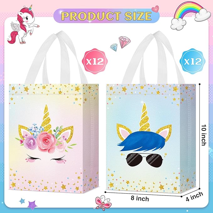 Locmeo 24 Pcs Unicorn Party Favor Bags with Handles - Reusable Non Woven Goodie Bags in Pink & Blue - Candy Treat Gift Bags for Girl & Boy Birthday Parties, 8 x 4 x 10 Inch