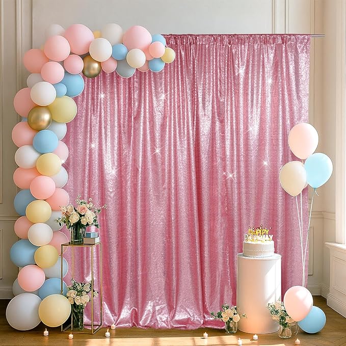 SquarePie 6x8ft Fuchsia Pink Sequin Backdrop for Photography, Satin-Backed Real Sequin Curtain, Enhanced Coverage Shimmering Background with 4" Rod Pocket for Wedding, Birthday, Party Decor, 1 Panel