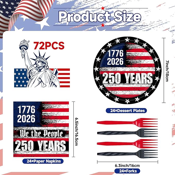 72PCS 250th Anniversary USA Party Supplies - Retro American Flag Paper Plates and Napkins Disposable Patriotic Tableware Set for 4th of July Memorial Day Party Decoration