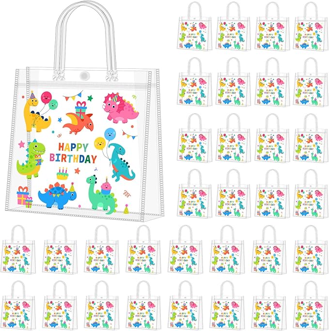 Supervitae 36 Pcs Dinosaur Clear Favor Bags with Handle Reusable Plastic PVC Gift Bag Animal Goodies Treats Wrap Totes for Birthday Party Supplies, 8 x 8 x 3.15 Inch