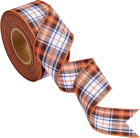 Meseey 1.5 Inch x 10 Yards Orange Brown Blue White Plaid Wired Ribbon, Fall Tartan Check Wired Edge Ribbon for Wreaths, Bows, Gift Wrapping, Thanksgiving & Halloween Decor(Brown/Blue, 1.5 Inch)