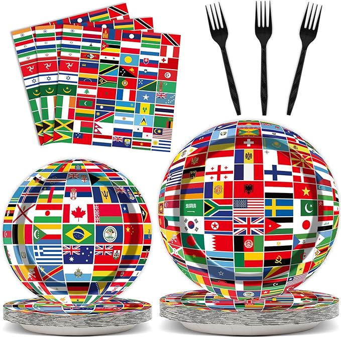 OBUSATT 96 Pcs International World Flags Party Supplies Country Flag Paper Plates Travel Trip Around the Globe and Napkins Forks party decorations for Birthday Baby Shower Serves 24 MG0165