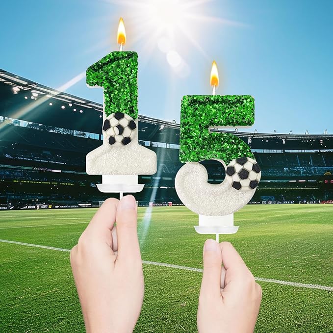 Soccer Birthday Candles Cake Topper for Girl and Boy, Wedding Cakes, Anniversaries, Party Celebrations, Birthday Decorations (Green White, 15)