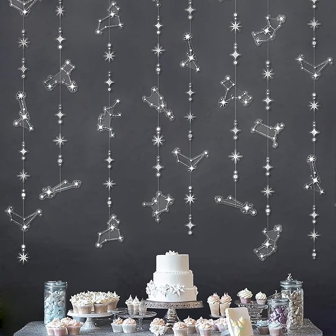 Cheerland Glitter Celestial Party Decorations Constellation Birthday Decoration Star Garlands Withy Backdrop Astrology Decor Zodiac Theme Banner Hanging Stars Streamer Galaxy Party Suppplies (Silver)